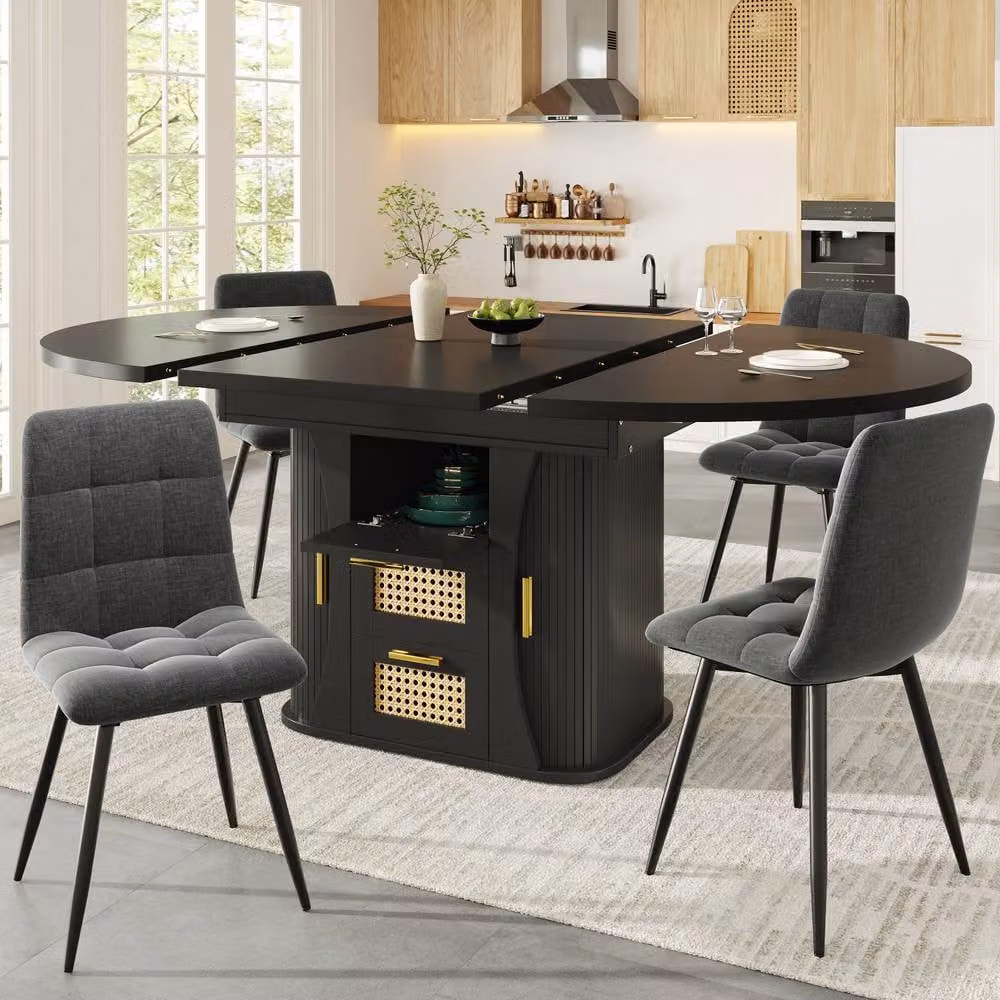 Merax Extendable Round to Oval Wooden Dining Table with 2 Rattan Drawers in Black, W: 118 cm, D: 77.1 cm, H: 75 cm – 3