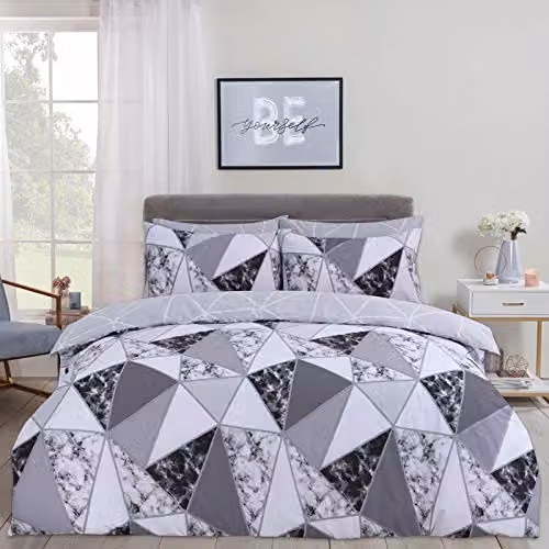 Dreamscene Marble Geometric Reversible Duvet Cover and Pillowcase Bedding Set, Grey and White, W/D/H: 140 x 200 cm, Pillowcase: 48 x 74 cm