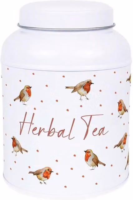 Purely Home English Robins Decaf Canister Small Dome Lid Kitchen Storage Tin in White Metal