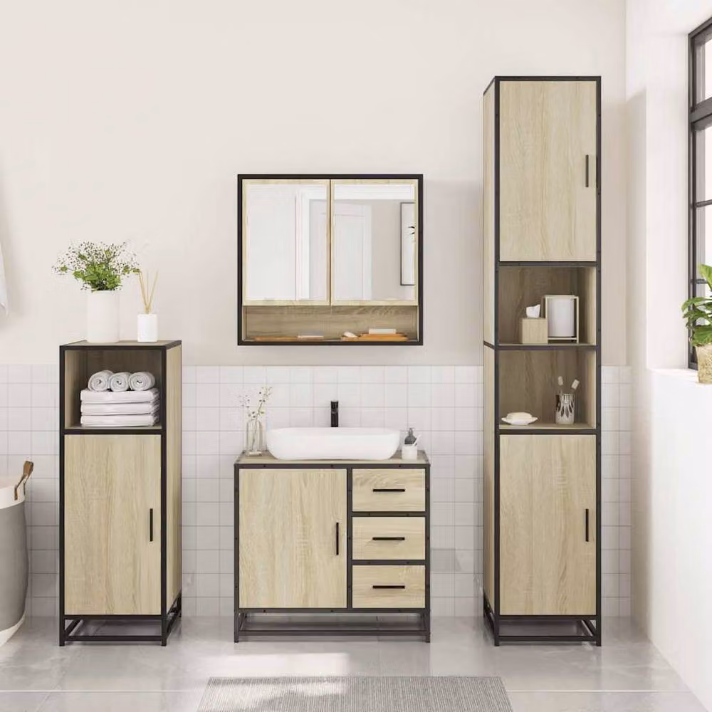 Berkfield Home 3 Piece Industrial Bathroom Furniture Set in Beige Sonoma Oak Engineered Wood – 2
