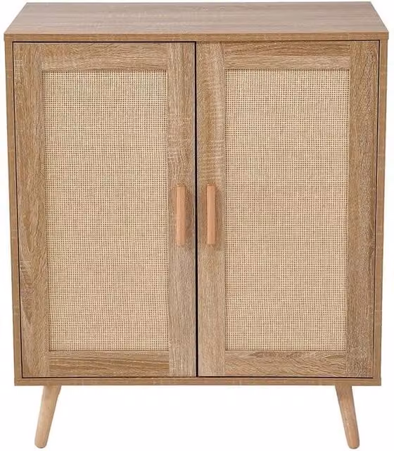 KORVIXA Mid-Century 2 Door Buffet Storage Cabinet in Brown with Rattan Details, W/D/H: 75 x 40 x 89 cm – 1