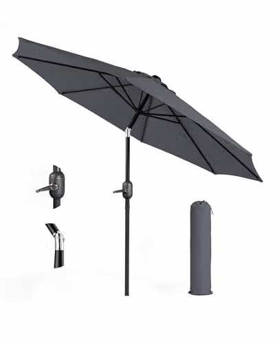 KEPLIN 2m Tilting Parasol Umbrella in Grey with UPF 50+ Polyester Canopy and Steel Frame – 12