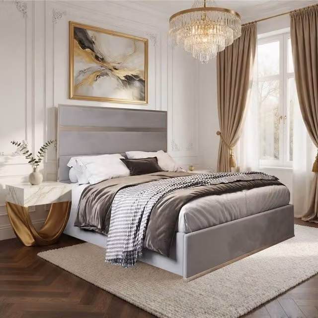 Casani Fleetwood Upholstered Velvet Bed Frame in Grey, W/D/H: 180 x 200 cm