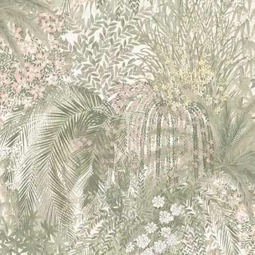 Grandeco Paradise Trees Foliage and Flowers Smooth Botanical Wallpaper in Green and Pink
