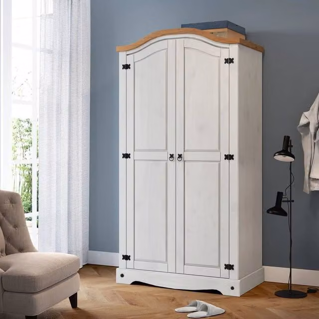 FORGEVIO 2 Door Double Wardrobe in White Waxed Pine