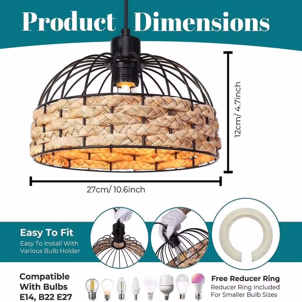 EONLION Black Metal and Jute Rope Boho Ceiling Pendant Lamp Shade with Reducer Ring – 2