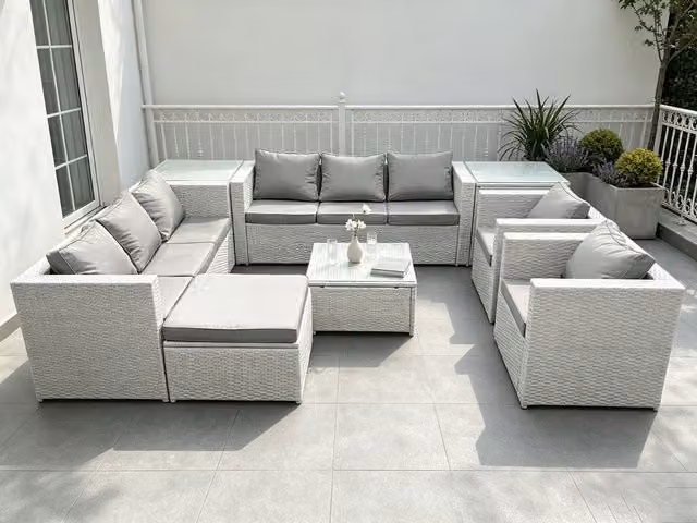 Fimous Grey Rattan Garden Furniture Set with Lounge Armchair, Ottoman and Outdoor Coffee Table – 1