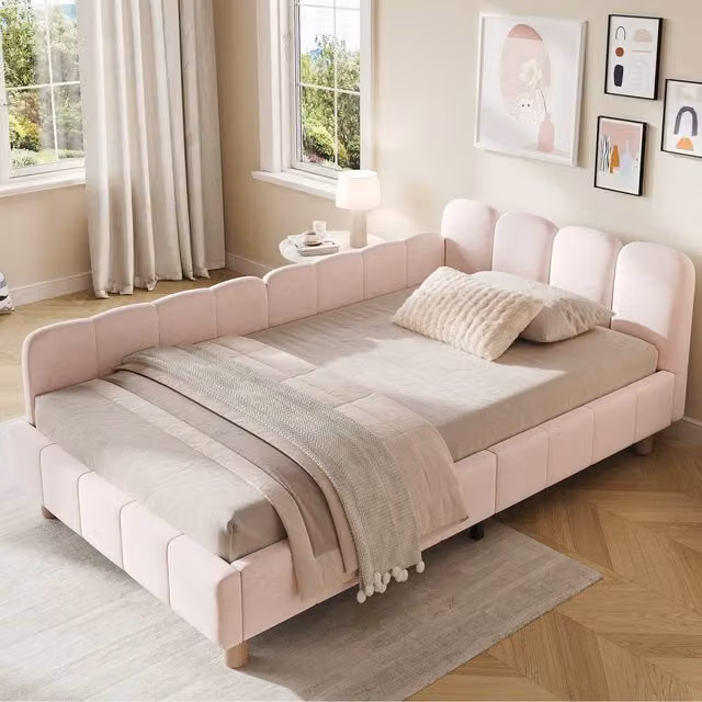 Merax Pink Velvet Single Corner Daybed with Side Storage Pockets, W/D/H: 190 x 90 x 64 cm