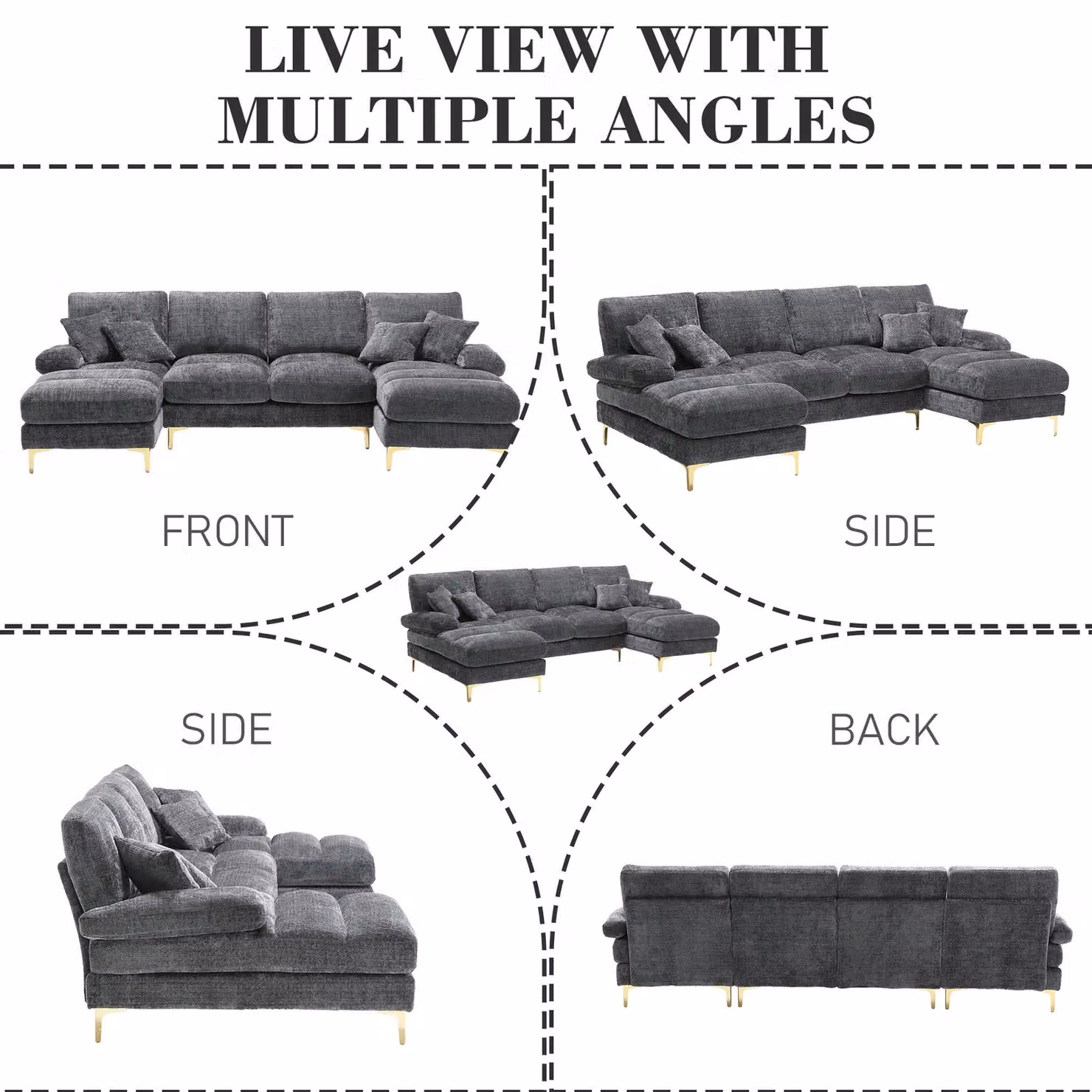 Aosom UK U-Shaped Modular Chenille Fabric Sectional Sofa with Double Chaise and Scatter Cushions, Grey, W/D/H: 272 x 136 x 88 cm – 6