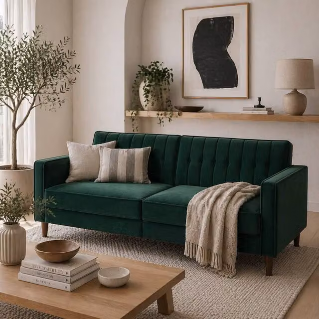 Wyld Haus Babano 3 Seater Convertible Sofa Bed in Forrest Green Velvet Fabric – 1