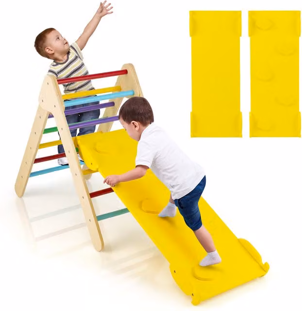 Costway 2-in-1 Reversible Ramp and Triangle Climbing Ladder in Brown and Yellow Wood