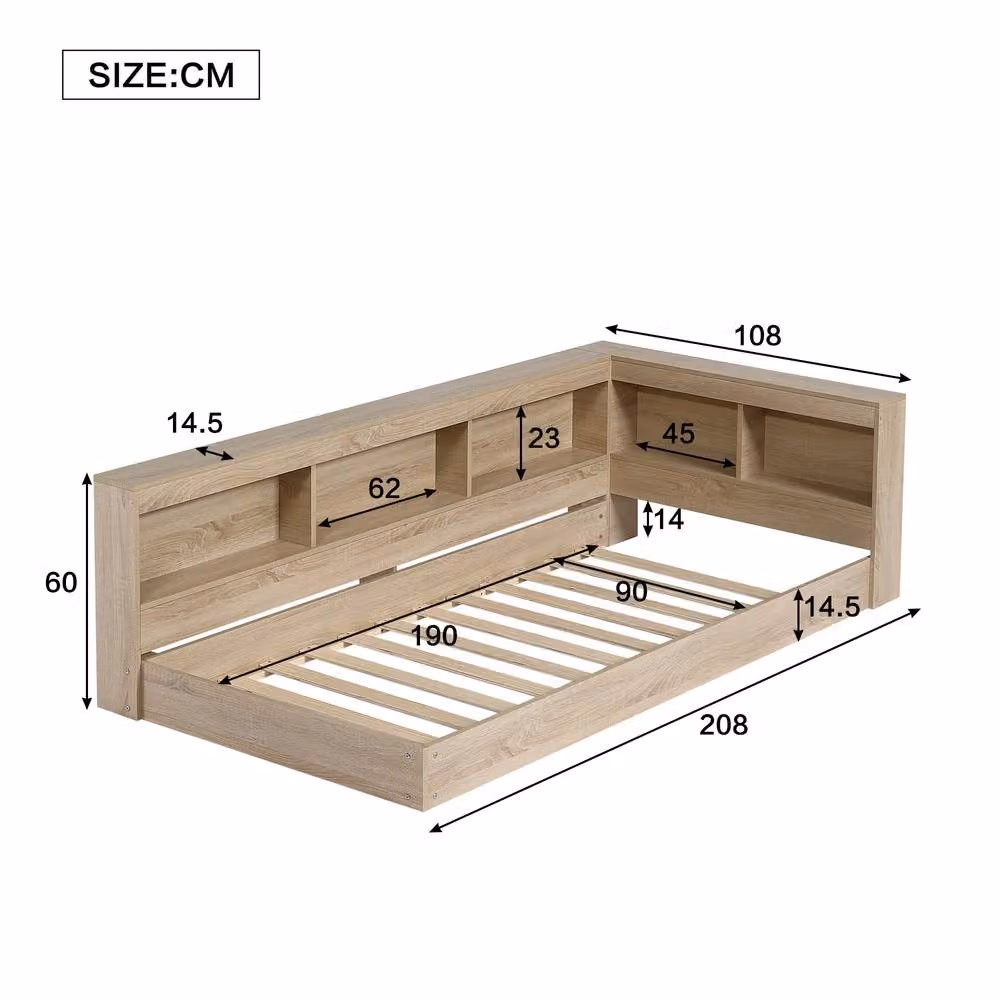 STILVORA 3ft Single Bed Frame with Side Compartment Storage in Light Oak Effect, W: 90 cm, D: 190 cm, H: 60 cm – 2