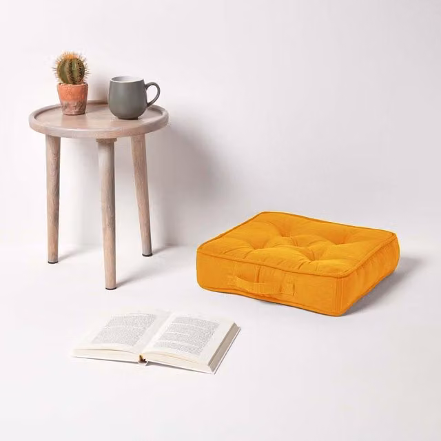 Homescapes Rajput Ribbed Cotton Ethnic Square Floor Cushion - Yellow