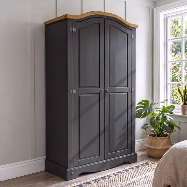 Mercers Furniture Corona 2 Door Arch Top Wardrobe in Charcoal Grey and Black Rustic Waxed Pine
