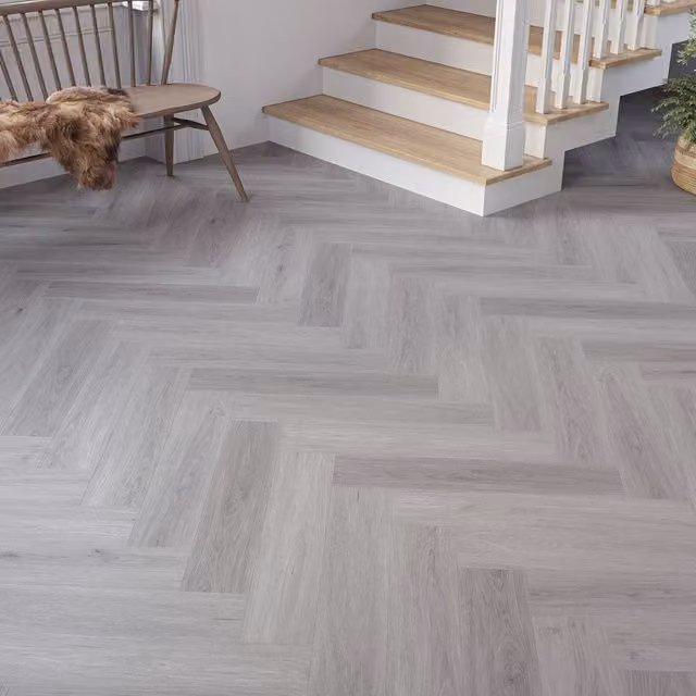 Underfoot Grey Oak Wood Effect Herringbone LVT Click Fit Flooring, 2.04m² Pack