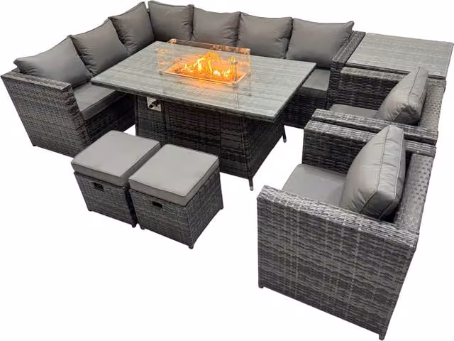 Fimous 10-Seater Rattan Garden Furniture Dining Set with 2 Stools and Side Table in Dark Grey – 1