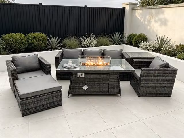 Fimous Modern Rectangular Rattan Gas Fire Pit Dining Coffee Table in Dark Grey