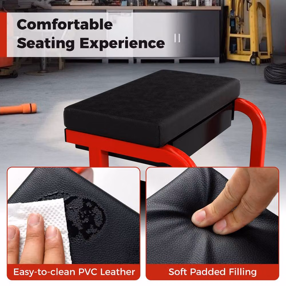 Costway Rolling Creeper Seat Padded Mechanic Stool with Drawer in Red and Multicolour – 5