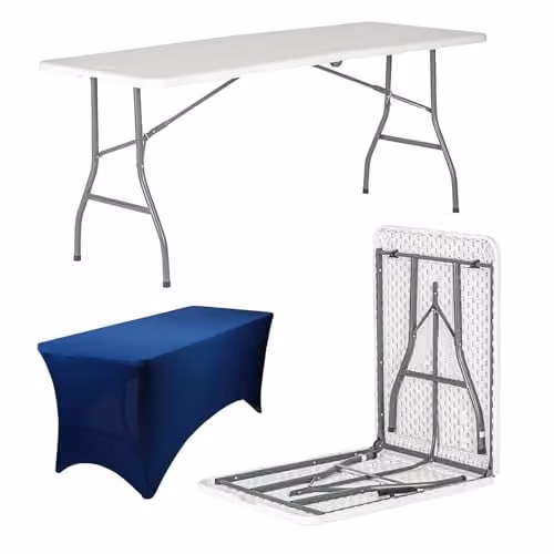 Harbour Housewares Folding Camping Picnic Table with Fitted Tablecloth, White and Blue, W: 180 cm