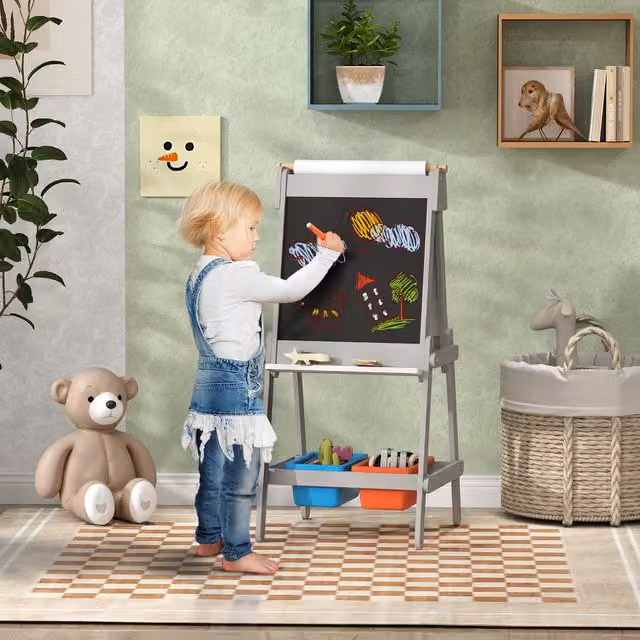 AIYAPLAY Double Sided Art Easel for Kids with Paper Roll and Chalkboard, Grey