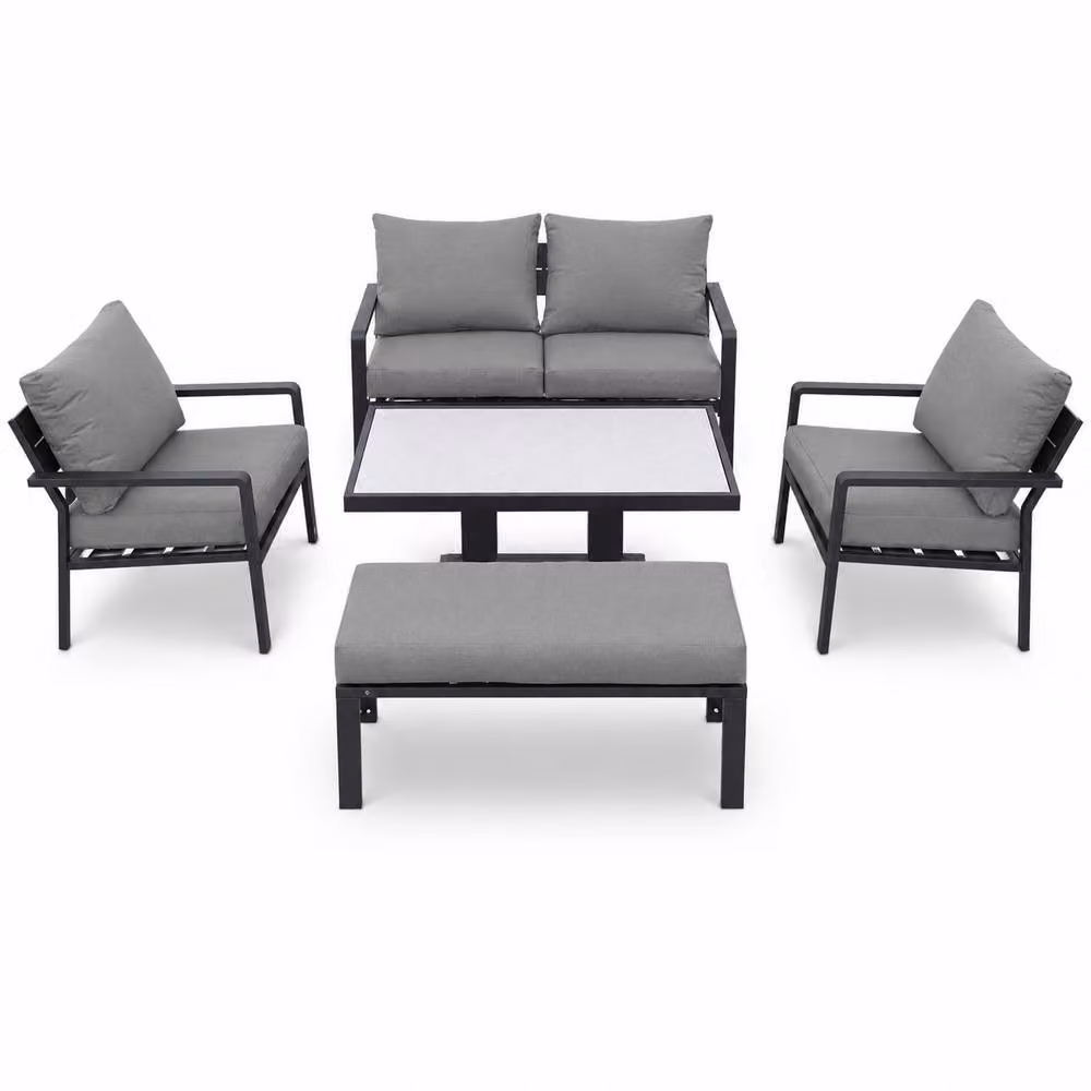 Shatchi 4 Seater Grey Aluminium Garden Sofa Set with Height Adjustable Gas Lift Glass Table – 2