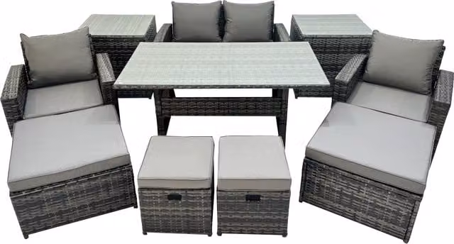 Fimous Outdoor Dining Set with Double Seat Sofa, 2 Side Tables and 4 Stools in Dark Grey