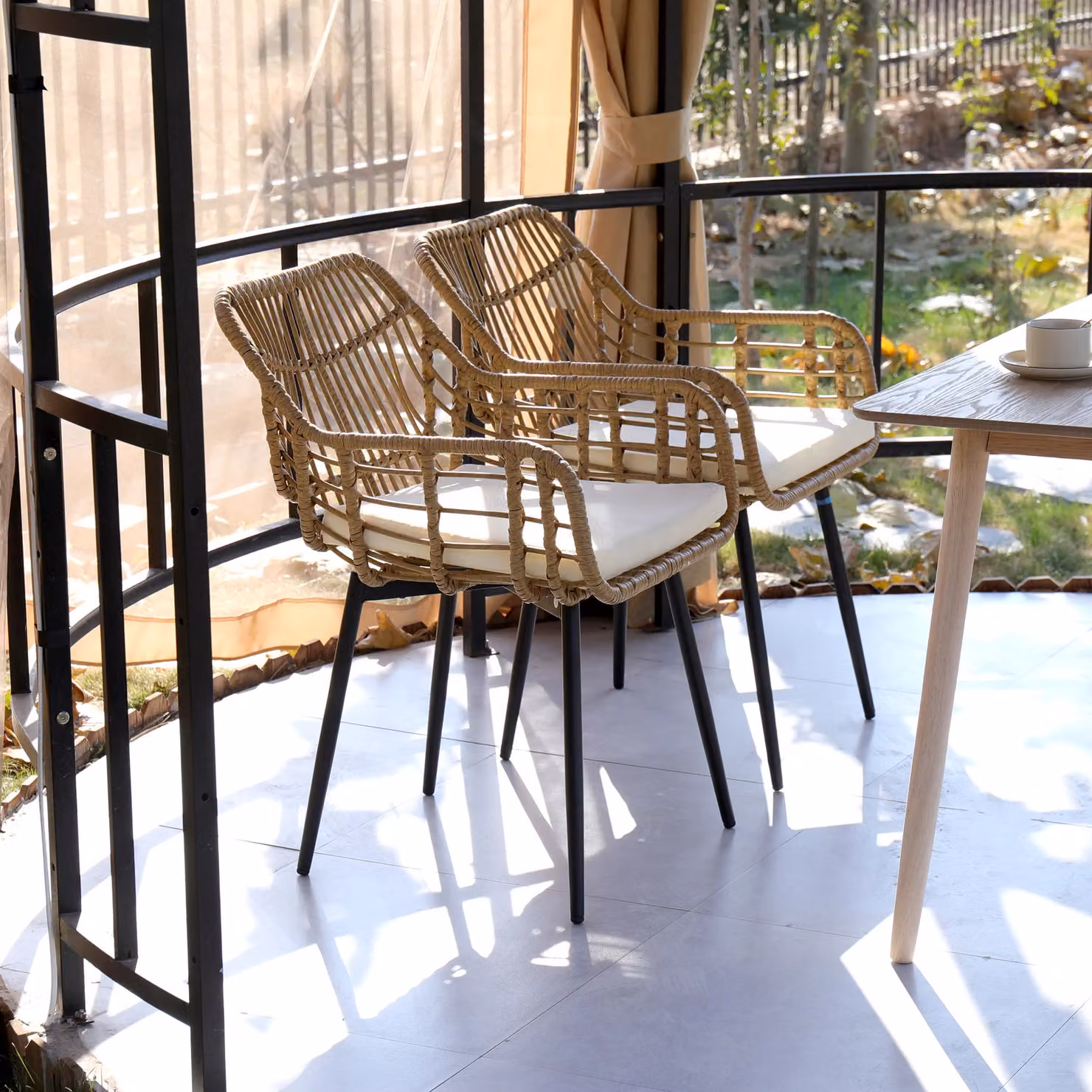 Nordlys Set of 2 Modern Polyrattan Dining Chairs with Armrests and Cushions in Brown and Black – 3