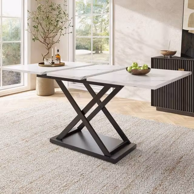 Merax Extendable Rectangular Dining Table with White Marble Effect Glossy Top and X-Frame Base, W/D/H: 120 x 80 x 75 cm