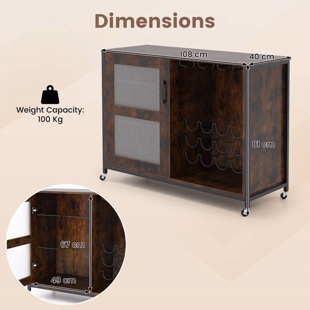 Costway Industrial Wooden Wine Bar Cabinet with LED Lights and Wheels, Brown – 3