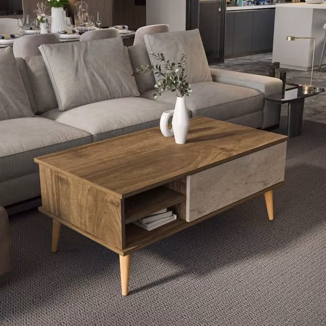 Decorotika Como Modern Rectangular Coffee Table in Walnut and Travertine, 110 cm