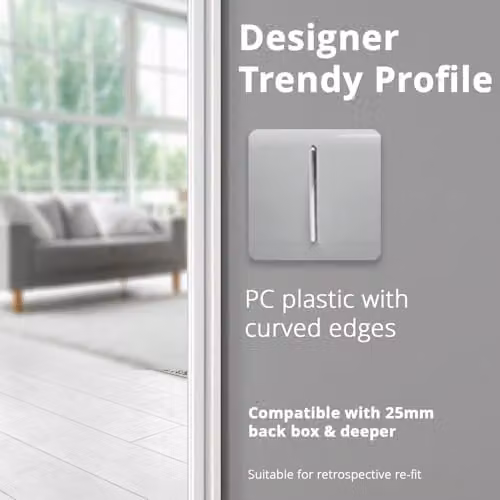 Trendi 1 Gang 2 Way Screwless Single Electrical Wall Light Switch with Chrome Rocker in Platinum Silver – 2