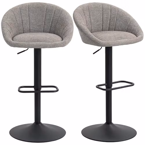 HOMCOM Set of 2 Grey Swivel Bar Stools with Fabric Upholstery and Metal Base – 1