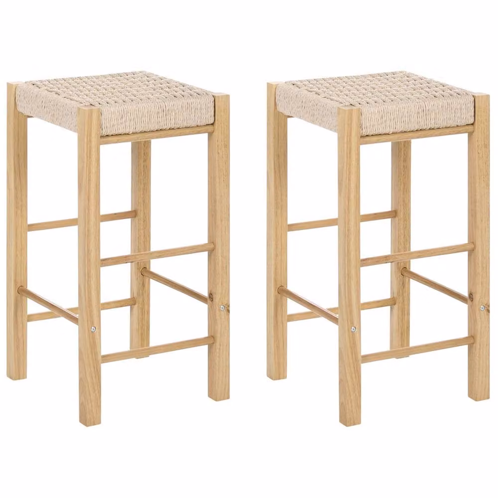 Wyld Haus Set of 2 Brown Rubberwood Bar Stools with Woven Paper Rope Seats – 2