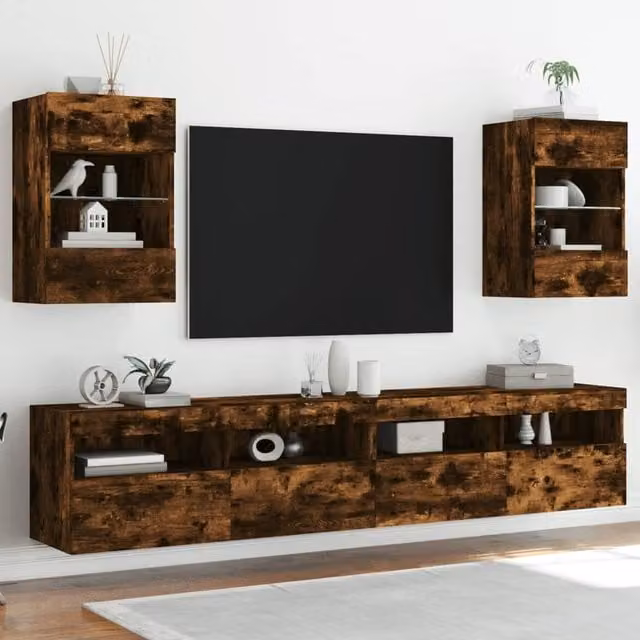 Berkfield Home Set of 2 Modern Wall Mounted TV Cabinets with Integrated LED Lights in Smoked Oak Brown, W/D/H: 40 x 30 x 60.5 cm – 1