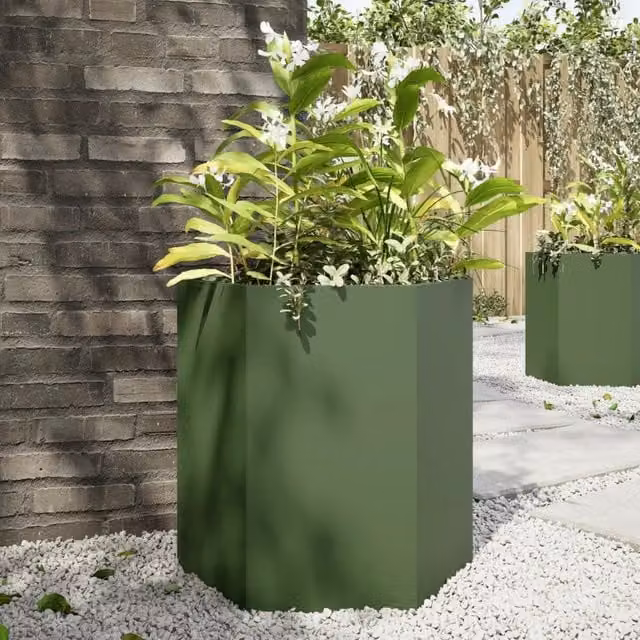 Berkfield Hexagon Steel Garden Planter Tub in Olive Green, W: 46 cm, D: 40 cm, H: 45 cm