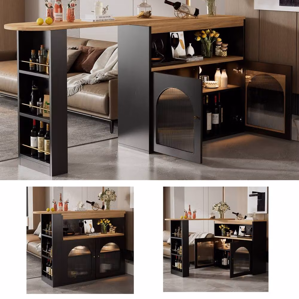 BTM Extendable Kitchen Island Table with Rotating Top and LED Lighting, Black, W/D/H: 138 x 105 x 39 cm – 6