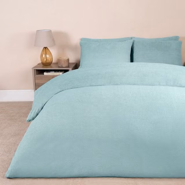 OHS Thermal Soft Teddy Fleece Duvet Cover and Pillowcase Set in Blue, W: 180 cm, L: 200 cm