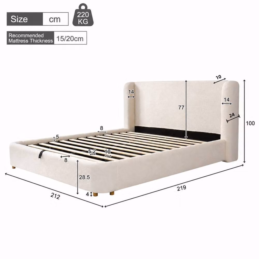 BTM Super King Bouclé Upholstered Ottoman Storage Bed with Lift Up Base, Cream White, W/D/H: 180 x 200 x 212 cm – 3