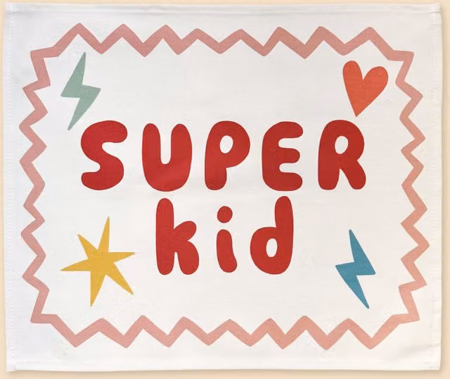 Kid of the Village Super Kid Rectangular Textile Wall Hanging Banner in Red and Multicolour, W/H: 50 x 40 cm