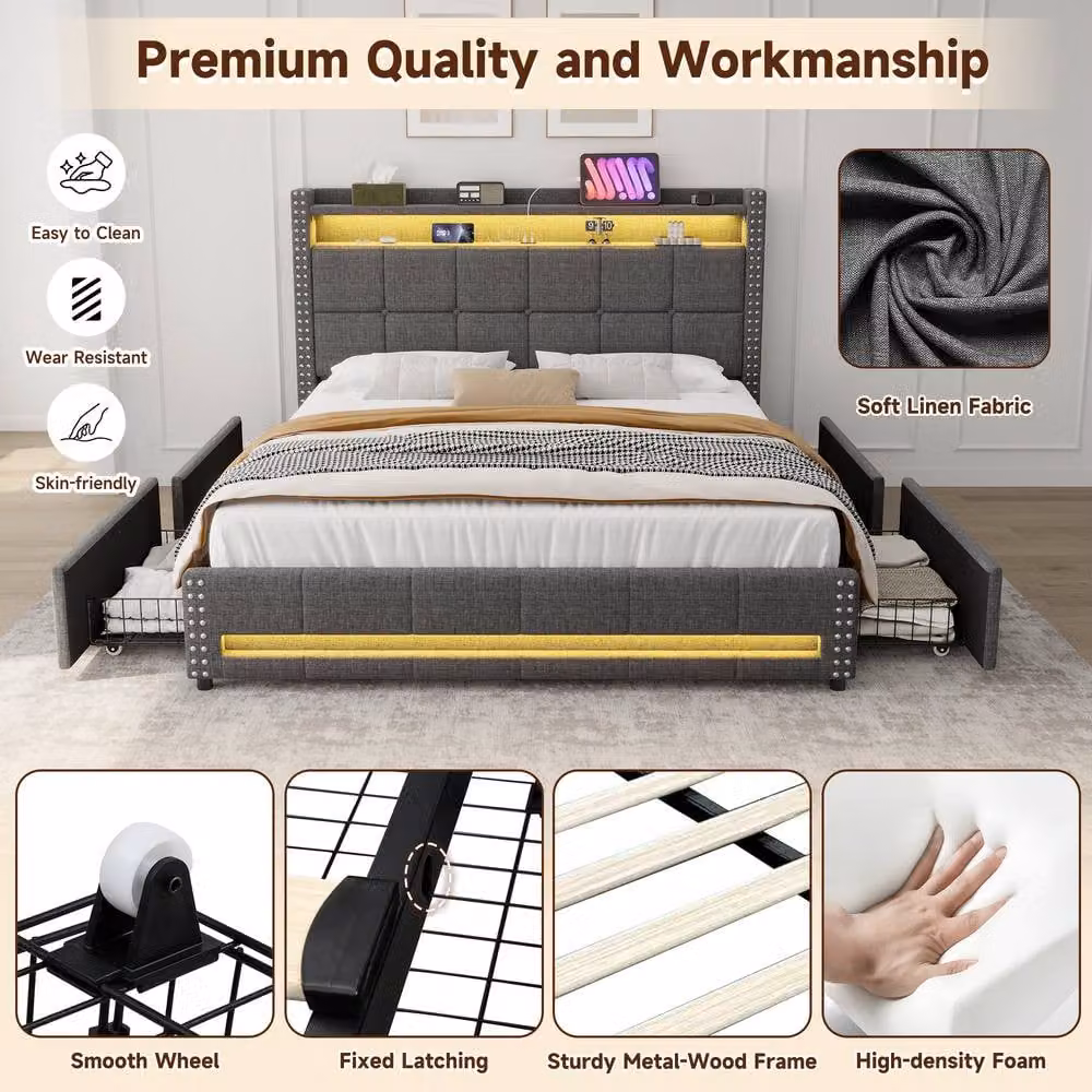 ModernLuxe Grey Upholstered Double Bed with 4 Drawers, LED Headboard, USB Charging Port and Bedside Shelf (W/D/H: 135 x 190 x 300 cm) – 4