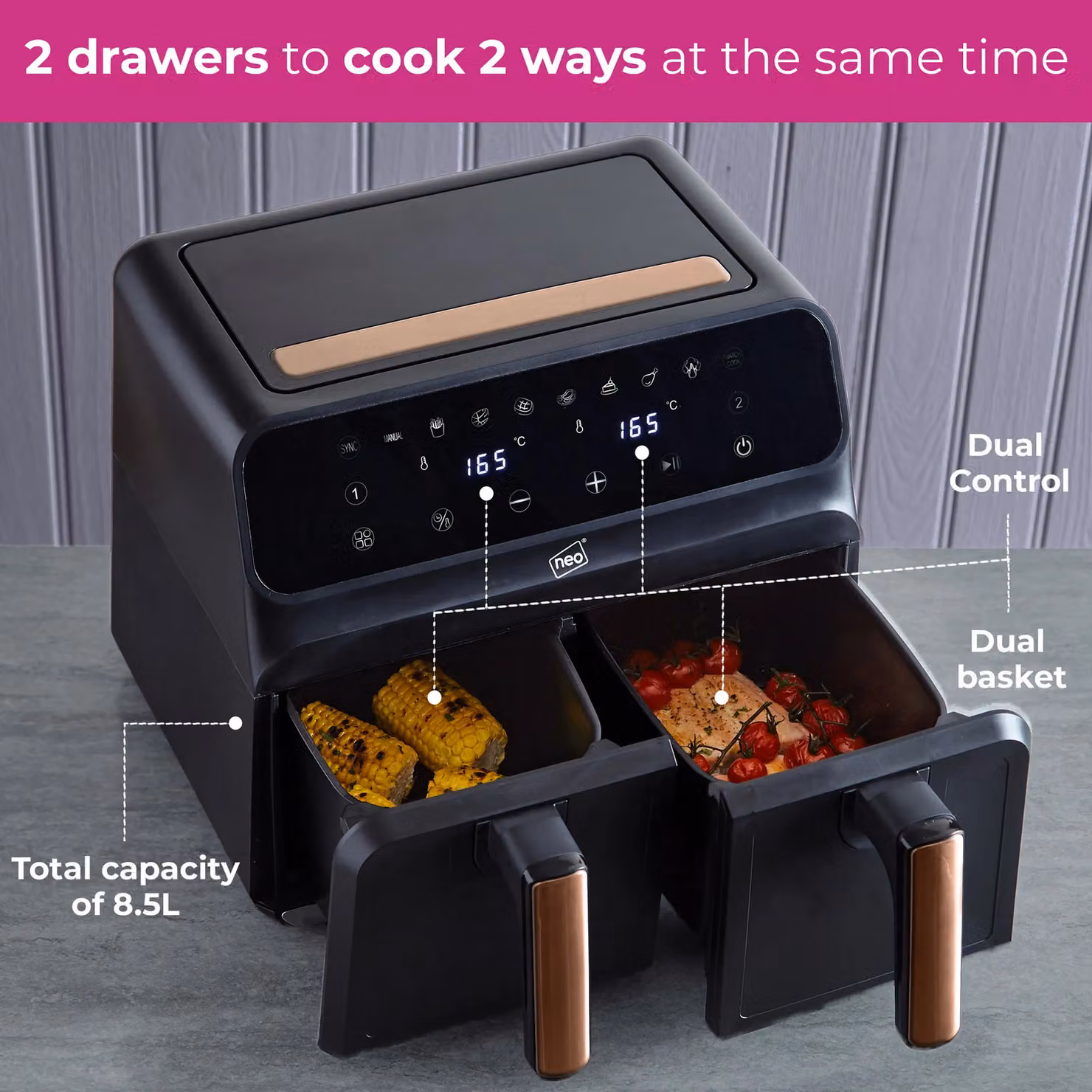 Neo Black and Copper 8.5L Dual Zone Electric Digital Air Fryer with 2 Drawers – 3
