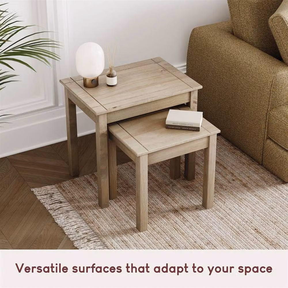 FORGEVIO Nest of 2 Square Side Tables in Brown Solid Waxed Pine Wood – 3