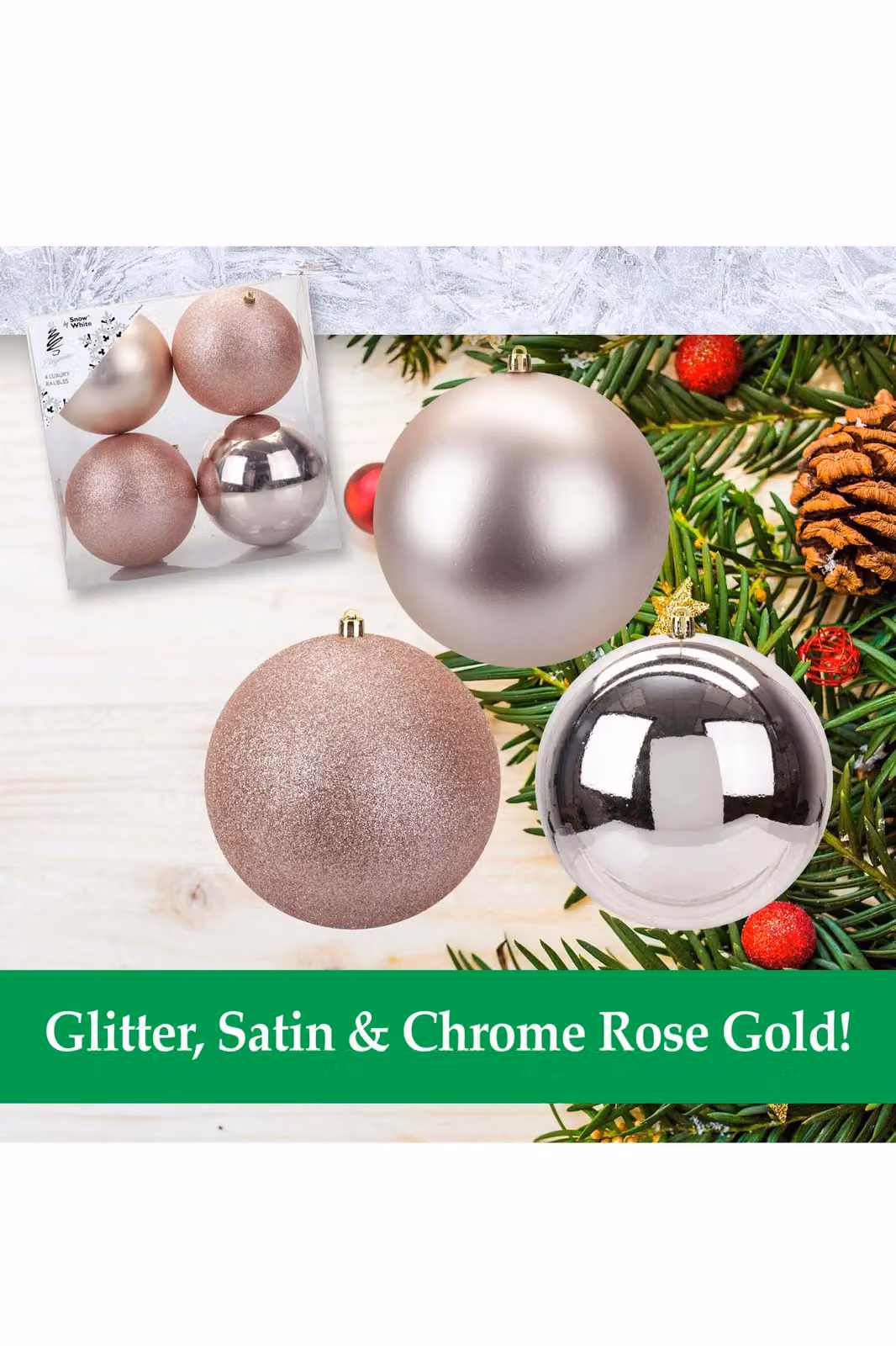 VFM e-Store Pink and Gold Christmas Baubles, Pack of 3, Diameter: 12 cm – 1