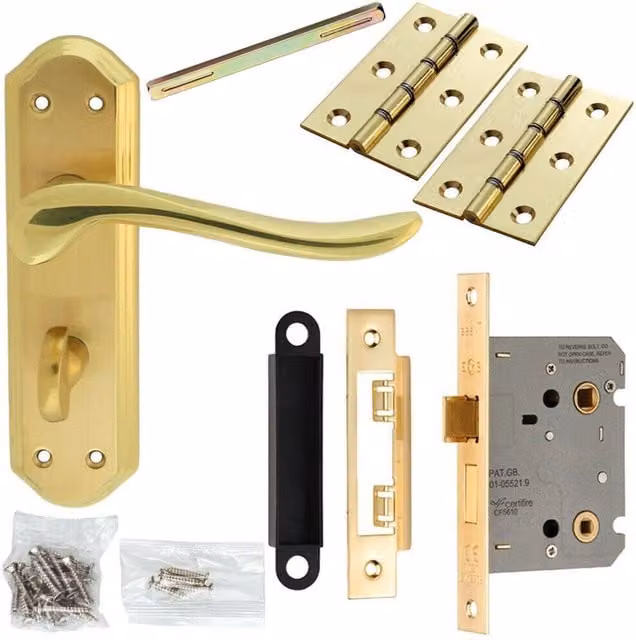 Loops Polished Brass Door Handle and Bathroom Lock Pack with Sculpted Lever and Thumbturn Backplate