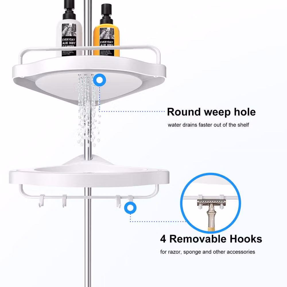Dprodo Adjustable Corner Shower Tension Pole with 4 Tier Shelves in White – 2