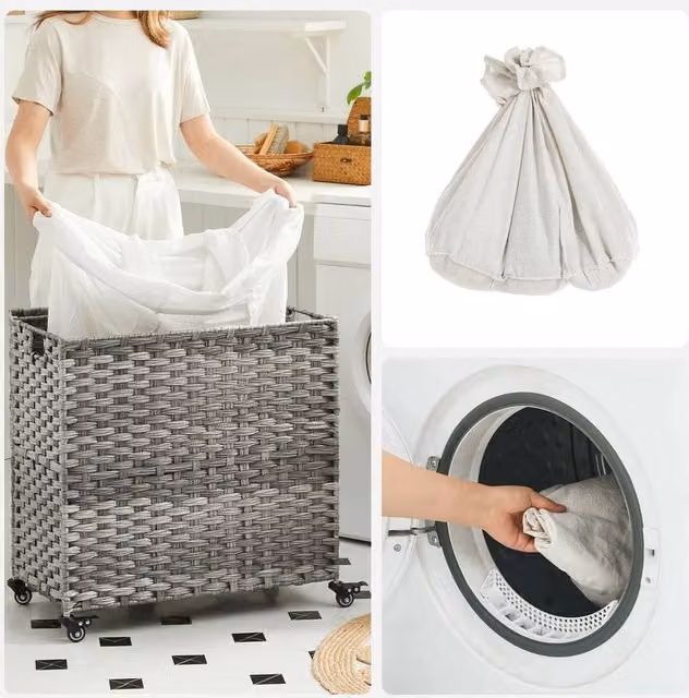KORVIXA Handwoven Grey Rattan Laundry Hamper with Removable Cotton Bag, Height: 100 cm