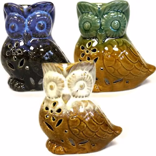 KDMD Classic Rustic Ceramic Owl Side-on Tealight Oil Burner in Brown and Multicolour – 1