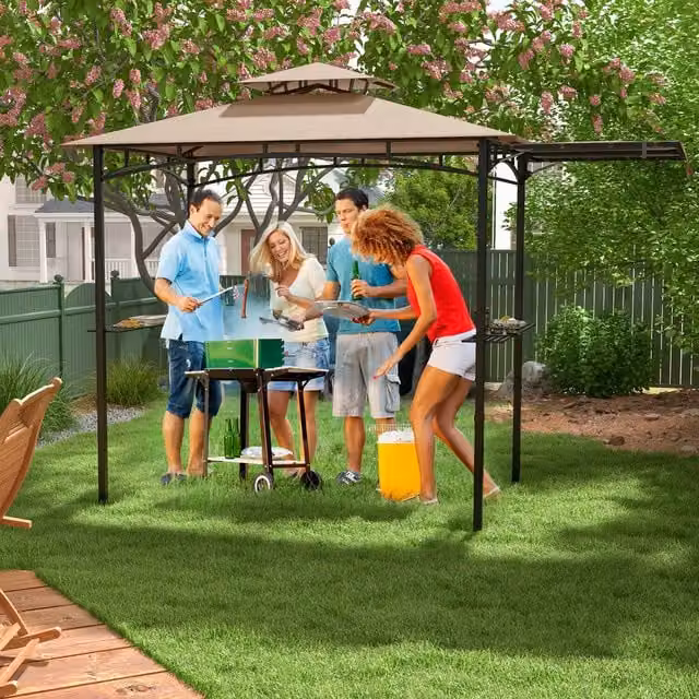 COSTWAY Freestanding Outdoor Barbecue Canopy Tent Grill Gazebo in Beige and Brown