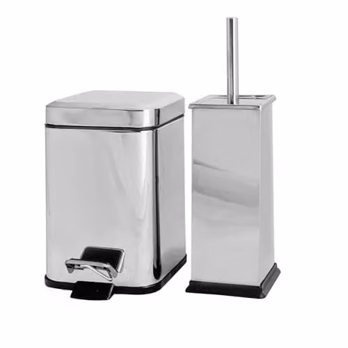 Harbour Housewares 3L Square Stainless Steel Pedal Bin and Toilet Brush Set in Silver – 1