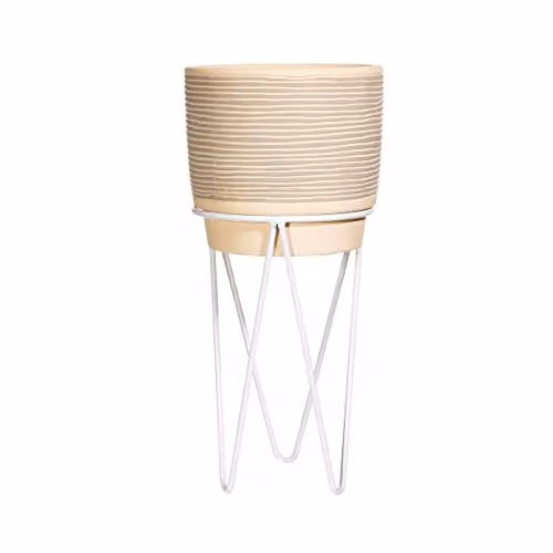 Sass & Belle Grey and White Striped Concrete Tabletop Planter with Metal Wire Stand, W/D/H: 14.0 x 14.0 x 30.0 cm